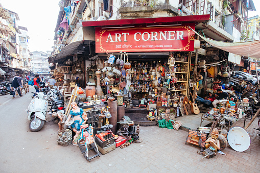 Mumbai, India - November 5 2016: The busy and crowded streets within Chor Bazaar in Mumbai, India