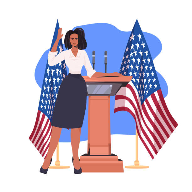 illustrations, cliparts, dessins animés et icônes de femme politique faisant le discours de tribune avec le drapeau des usa 4ème de la célébration de jour d’indépendance américaine de juillet - fourth of july audio