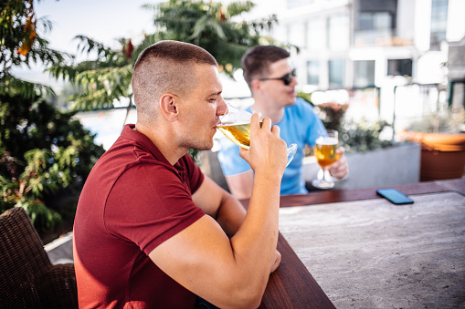 Male friends clinking beer glasses in bar