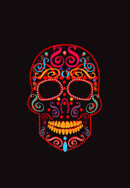 illustrazioni stock, clip art, cartoni animati e icone di tendenza di teschio messicano di colore rosso con dettagli ornamento, giorno dei morti. - day of the dead skull tattoo mexico