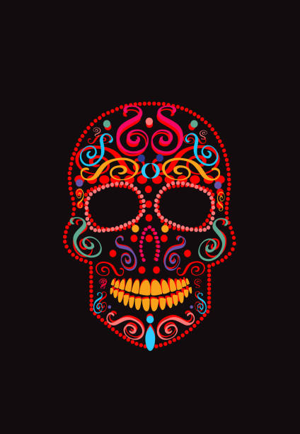 ilustrações, clipart, desenhos animados e ícones de cor vermelha do crânio mexicano com detalhes de ornamento, dia dos mortos. - day of the dead skull tattoo mexico