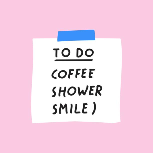 To do list for morning routine: coffee, shower, smile. Vector illustration on pink background. To Do List stock illustrations