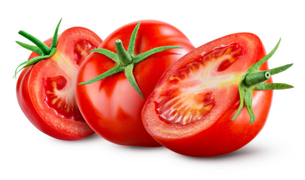 istock Tomatoes isolated on white background. Tomato isolate. Tomatoes side view. Whole, cut, slice tomatoes. Clipping path. 1254982552