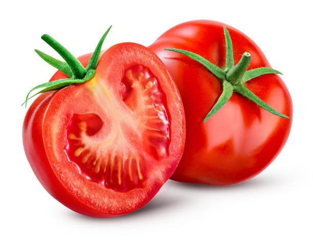 istock Tomatoes isolate on white background. Tomato half isolated. Tomatoes side view. Whole, cut, slice tomatoes. Clipping path. 1254982703