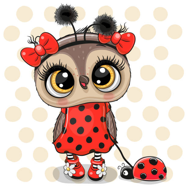 illustrations, cliparts, dessins animés et icônes de fille mignonne de hibou dans un costume de coccinelle et coccinelle - 6005