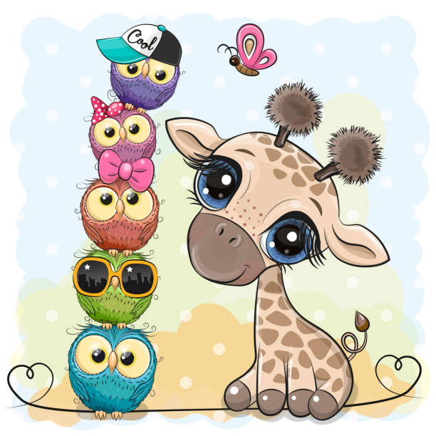 cartoon giraffe und eulen auf blauem hintergrund - 6006 stock-grafiken, -clipart, -cartoons und -symbole