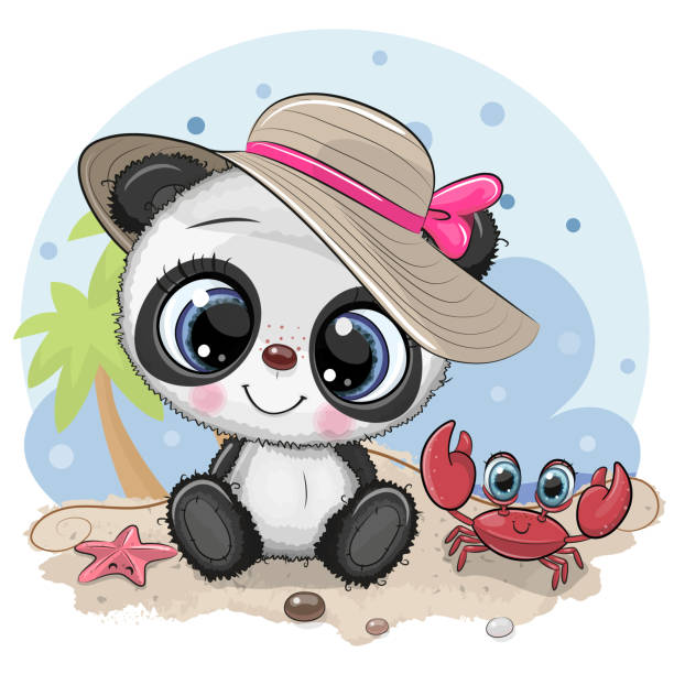 ilustrações de stock, clip art, desenhos animados e ícones de panda girl in a hat and cute crab on the beach - 6008