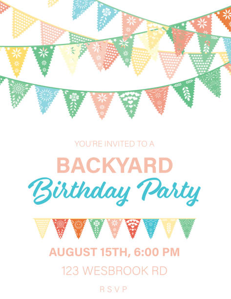 Papel Picado Flags Birthday invitation template Template of a birthday party invitation. The invitation is set against a white background with rows of Papel Picado flag banners. Created with flat colors. Comes with a high resolution jpeg. papel picado illustrations stock illustrations
