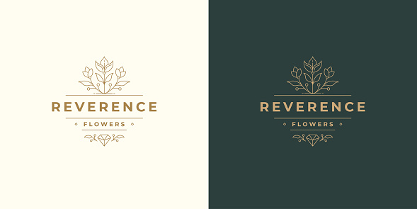 Flower line and branch with leaves vector logo emblem design template illustration simple minimal linear style. Outline graphics for cosmetic product branding and flowers shop