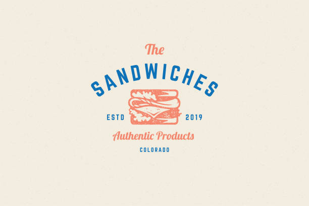 illustrazioni stock, clip art, cartoni animati e icone di tendenza di incisione logo sandwich silhouette e moderna tipografia vintage illustrazione vettoriale in stile disegnato a mano - panino