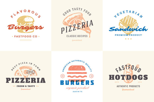 Engraving fast food logos and labels with modern vintage typography hand drawn style set vector illustration Engraving fast food logos and labels with modern vintage typography hand drawn style set vector illustration. Burger, pizza and hot dog silhouettes for cafe packaging and restaurant menu. pics for pizza pizza logo stock illustrations