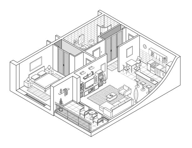 Apartment Isometry Line Drawing Highly detailed three-dimensional isometric vector line drawing of an apartment domestic room illustrations stock illustrations