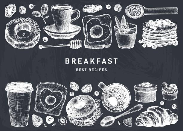Breakfast dishes vector collection on chalk board. Breakfast dishes vector collection on chalk board. Morning food hand drawn illustrations. Breakfast and brunches menu design. Vintage hand drawn food and drinks sketches on chalkboard lunch borders stock illustrations