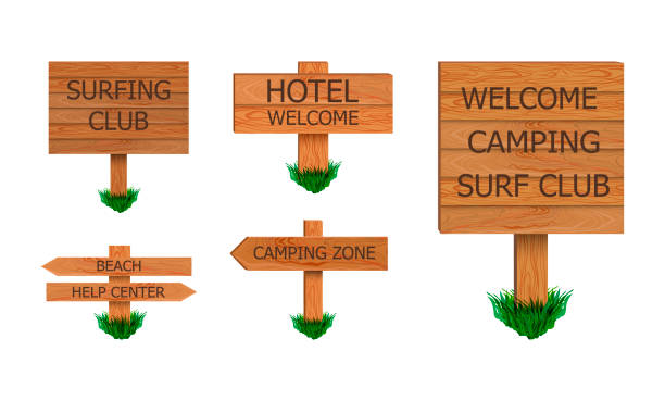 Vector signboards set isolated on white background, summer vacation, surf club decorative elements, wooden objects. Vector signboards set isolated on white background, summer vacation, surf club decorative elements collection, wooden vintage objects. welcome camping sign stock illustrations
