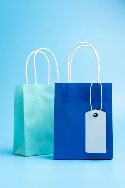 istock Two blue shopping or gift bags isolated on blue background 1254989833