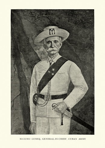 Vintage illustration of Maximo Gomez a Dominican Major General in Cuba's Ten Years' War (1868–1878) against Spain. He was also Cuba's military commander in that country's War of Independence (1895–1898). He was known for his controversial scorched-earth policy, which entailed dynamiting passenger trains and torching the Spanish loyalists' property and sugar plantations