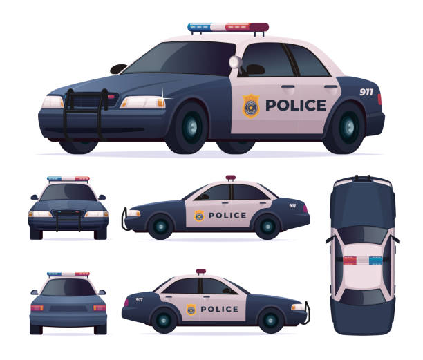 полицейская патрульная машина установлена. вид спереди, сзади, сбоку, сверху. - полицейская машина stock illustrations