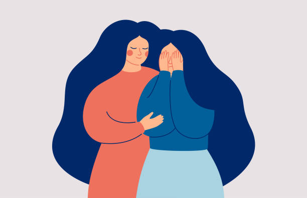 Friends and Family Support. A young woman comforting her crying best friend. Friends and Family Support. A young woman comforting her crying best friend. The mother supports her daughter in a difficult situation. Vector illustration psychotherapy illustrations stock illustrations