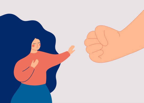 A strong woman protesting against domestic violence and female abuse. A strong woman protesting against domestic violence and female abuse. Stop violence against women. A big fist threatens a girl. Vector illustration aggression illustrations stock illustrations
