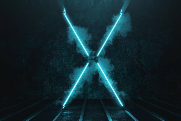 istock 3d rendering of lighten X metal shape on grunge floor surrounded by smoke 1254992811