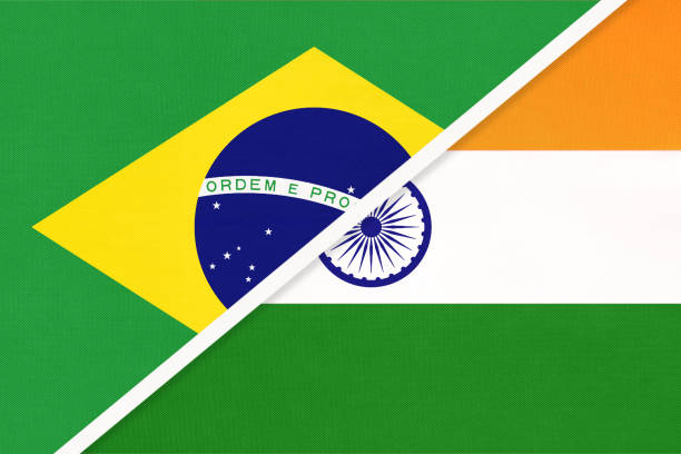 istock Brazil and India, symbol of national flags from textile. Championship between two countries. 1254993631