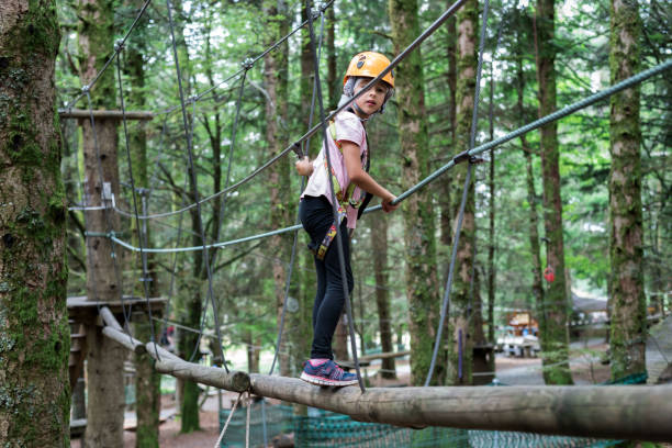 istock Tree climbing activity installations wooded area. A child walks on wooden bars. 1254993741