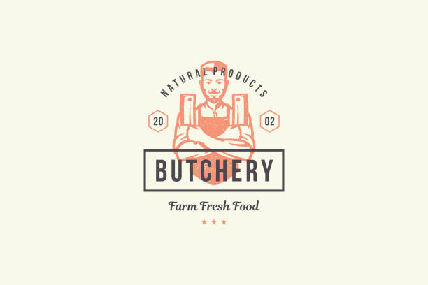 Hand drawn logo male butcher holding knifes silhouette and modern vintage typography retro style vector illustration Hand drawn logo male butcher holding knife silhouette and modern vintage typography retro style vector illustration. Butcher man logotype for farm meat market packaging and restaurant menu decoration. meat silhouettes stock illustrations