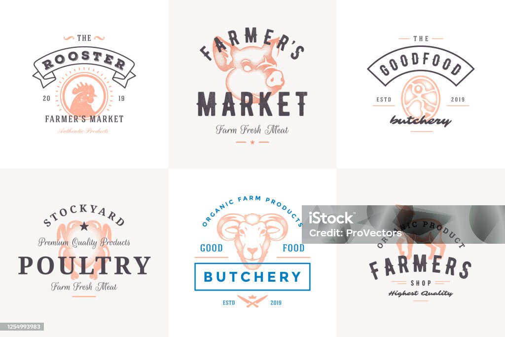 Engraving Logos And Labels Farm Animals With Modern Vintage Typography Hand  Drawn Style Set Vector Illustration Stock Illustration - Download Image Now  - iStock