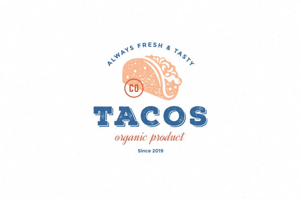 Hand drawn logo tacos silhouette and modern vintage typography retro style vector illustration Hand drawn logo tacos silhouette and modern vintage typography retro style vector illustration. Taco tortilla label for fast food packaging and restaurant menu decoration. mexico illustrations stock illustrations