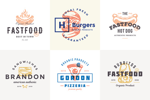 Hand drawn fast food logos and labels with modern vintage typography retro style set vector illustration. Burger, pizza and hot dog silhouettes for cafe packaging and restaurant menu.