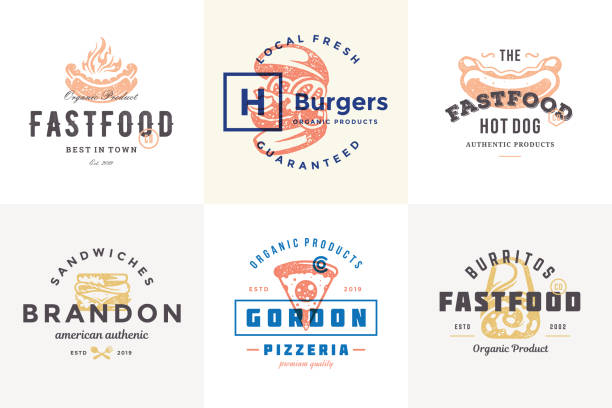 Hand drawn fast food logos and labels with modern vintage typography retro style set vector illustration Hand drawn fast food logos and labels with modern vintage typography retro style set vector illustration. Burger, pizza and hot dog silhouettes for cafe packaging and restaurant menu. rubber stamp illustrations stock illustrations
