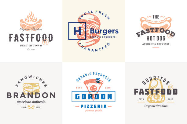 Hand drawn fast food logos and labels with modern vintage typography retro style set vector illustration Hand drawn fast food logos and labels with modern vintage typography retro style set vector illustration. Burger, pizza and hot dog silhouettes for cafe packaging and restaurant menu. restaurant logos stock illustrations