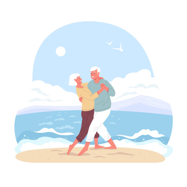 ilustrações de stock, clip art, desenhos animados e ícones de elderly couple spends time outdoors. - vector sand summer smiling