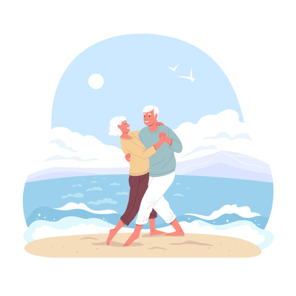 Elderly couple spends time outdoors. Vector illustration of cartoon happy senior man and woman dancing by the sea. Isolated on background old people dancing stock illustrations