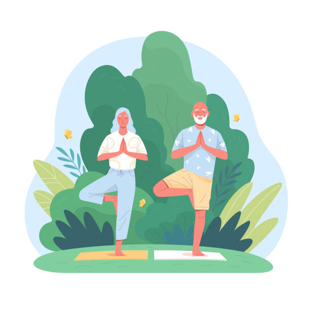 Elderly couple spends time outdoors. .Vector illustration of cartoon happy senior man and woman doing yoga balance exercises  in summer park. Isolated on background active lifestyle stock illustrations
