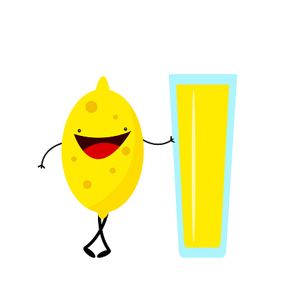 Ilustración de Personaje De Fruta Tropical De Dibujos Animados De Limón Con Pequeños  Ojos Negros Y Una Sonrisa Ancha Posa Cerca De Un Vaso Con Jugo Fresco y más  Vectores Libres de