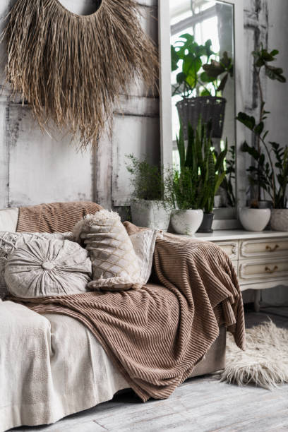 istock Cozy lounge room interior in boho chic style 1254998464