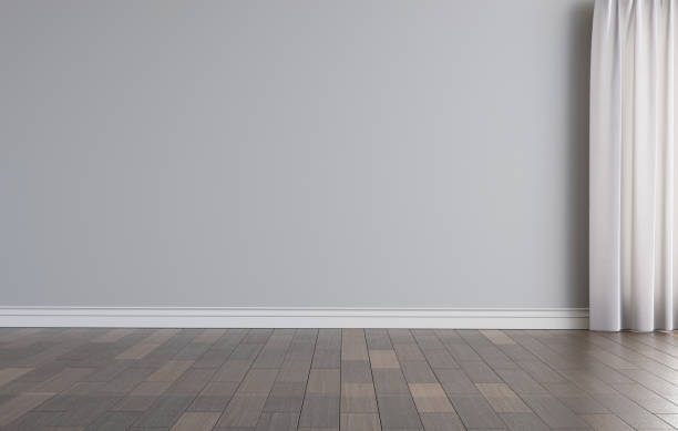 Empty room with a curtain and grey wall for mockup. 3D render.