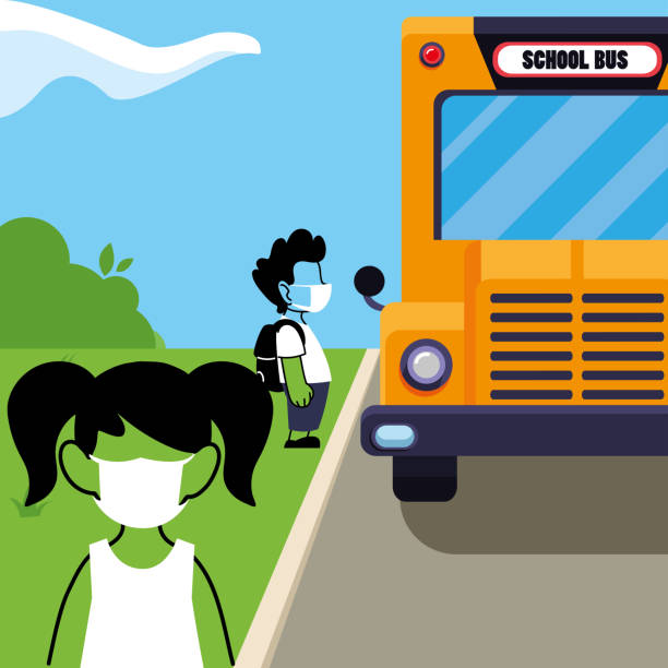 illustrations, cliparts, dessins animés et icônes de enfants avec des masques sur le bus scolaire - bus child waiting education