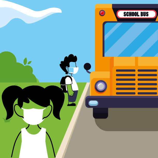 학교 버스에 마스크를 가진 어린이 - bus child waiting education stock illustrations