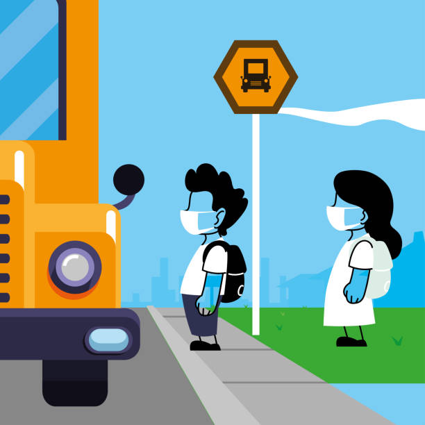 illustrations, cliparts, dessins animés et icônes de enfants avec des masques sur le bus scolaire - bus child waiting education