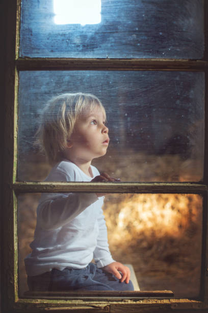 istock Blond child behind the window, looking outside 1254998995