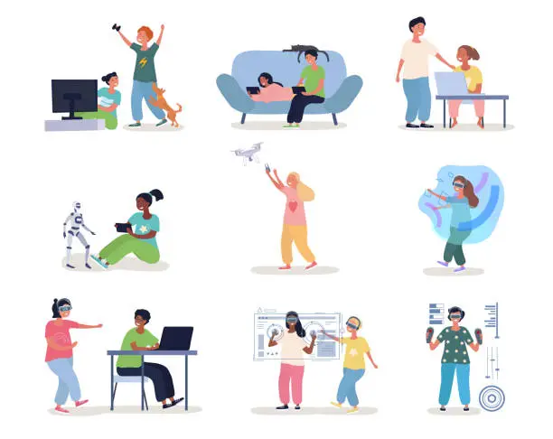 Vector illustration of Set of cute happy kids doing various activities