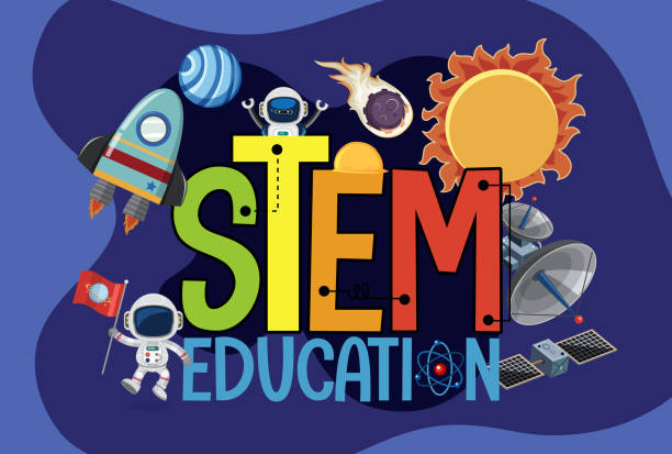 Stem education logo with space objects Stem education logo with space objects illustration child robot class stock illustrations