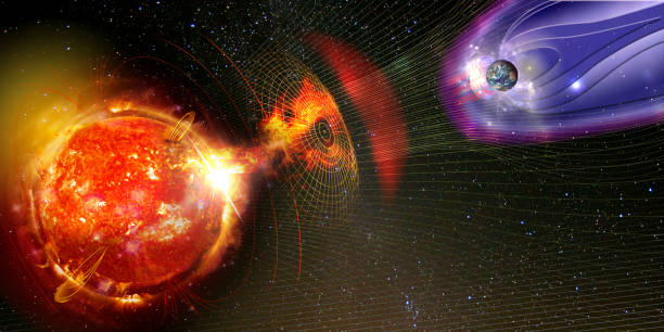 istock Earth's magnetic field against Sun's solar wind, flow of particles. Element of this image is furnished by NASA 1255000817
