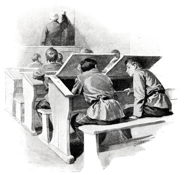 zwei jungen im klassenzimmer, versteckt hinter zusammengeklappten tischen, rückansicht - built structure germany history 19th century style stock-grafiken, -clipart, -cartoons und -symbole