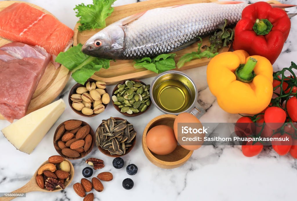 Diet concept with a Keto or ketogenic food diet as a low carb and high fat food eating lifestyle,Healthy food -Healthy heart concept High Up Stock Photo