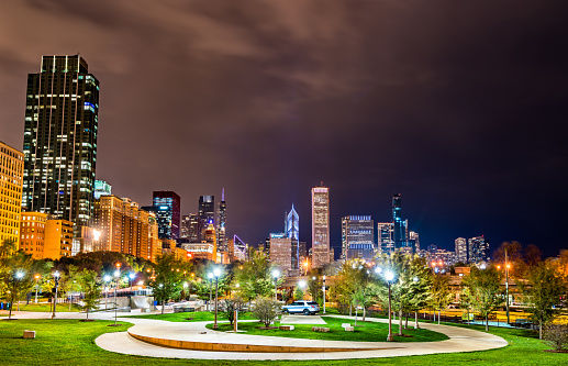 Night cityscape of Chicago at Grant Park in Illinois - United States