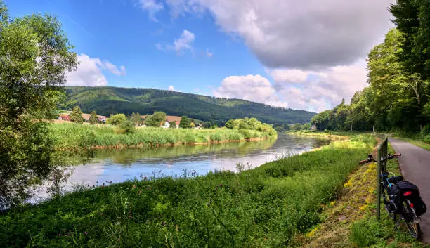 Panorama from the long-distance cycle path next to the Weser in Germany in the Weserbergland, with green banks and cloudy sky