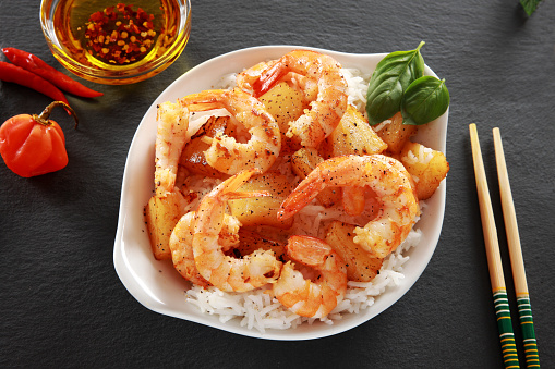 Fried Prawns on a bed of Basmati Rice